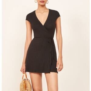 Reformation Ribbed V-Neck Wrap Tie Mini Dress Black Women's Size Large